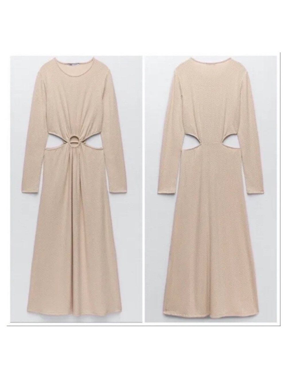 Zara Long Sleeve Beige Cutout Midi‎ Dress